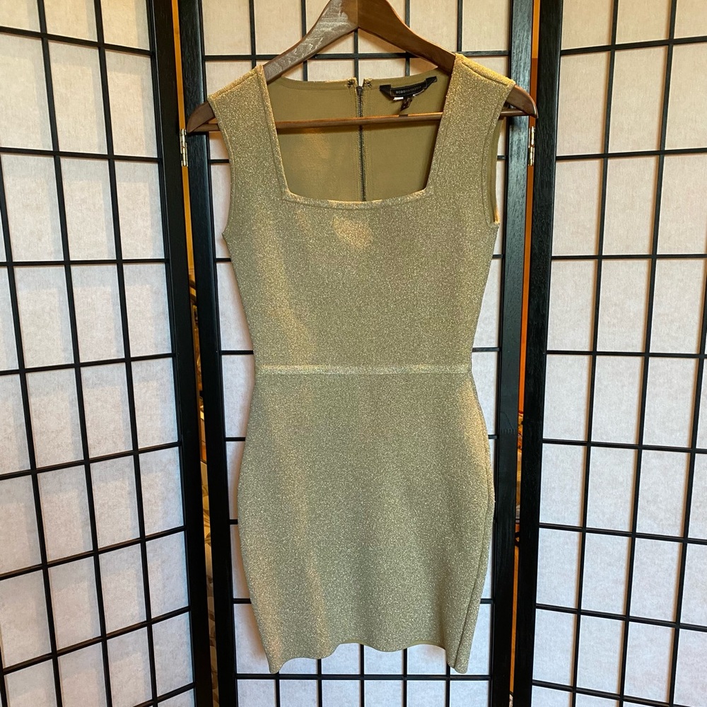 BCBGMMaxazria Gold Mini Dress - super flattering design!